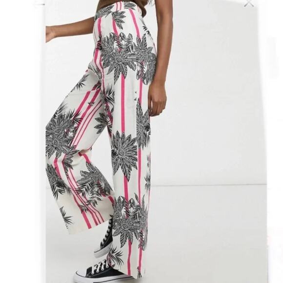 LIQUORISH Linen Cotton Pant sz 2 High Waist Wide Leg Boho Tropical Striped - Picture 7 of 9